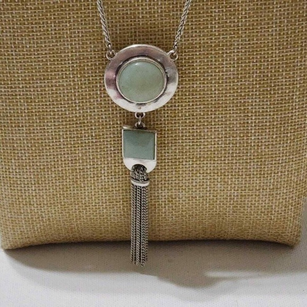 Lucky Brand Silver Tone Sage Green Stone Geometric Tassel Pendant Necklace Long
